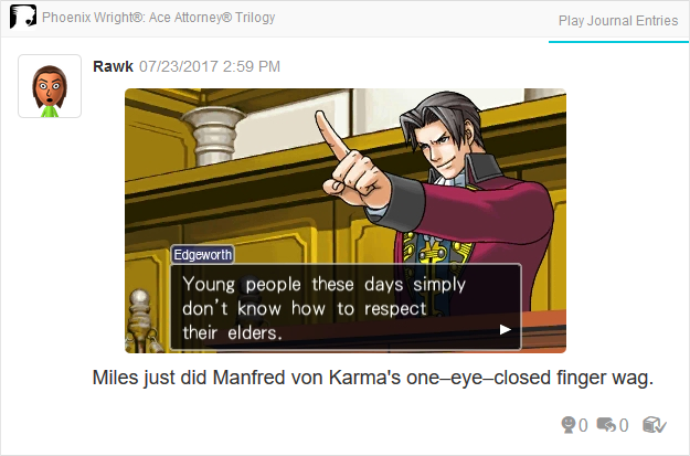 Phoenix Wright Ace Attorney Trials and Tribulations young Miles Edgeworth imitating mimicking Manfred von Karma finger wag
