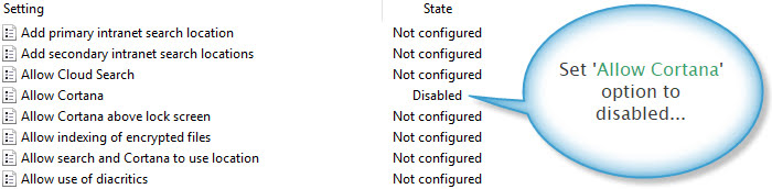 Cortana settings in local policy editor