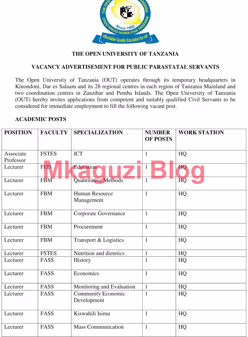 Open University of Tanzania Jobs (93 Vacancies) | Ajira Portal 2021