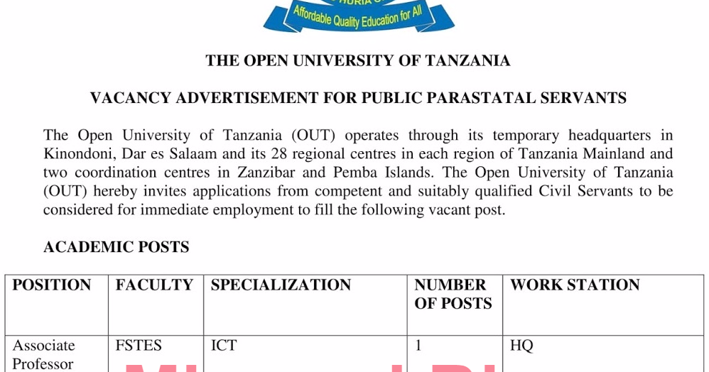 Open University of Tanzania Jobs (93 Vacancies) | Ajira Portal 2021