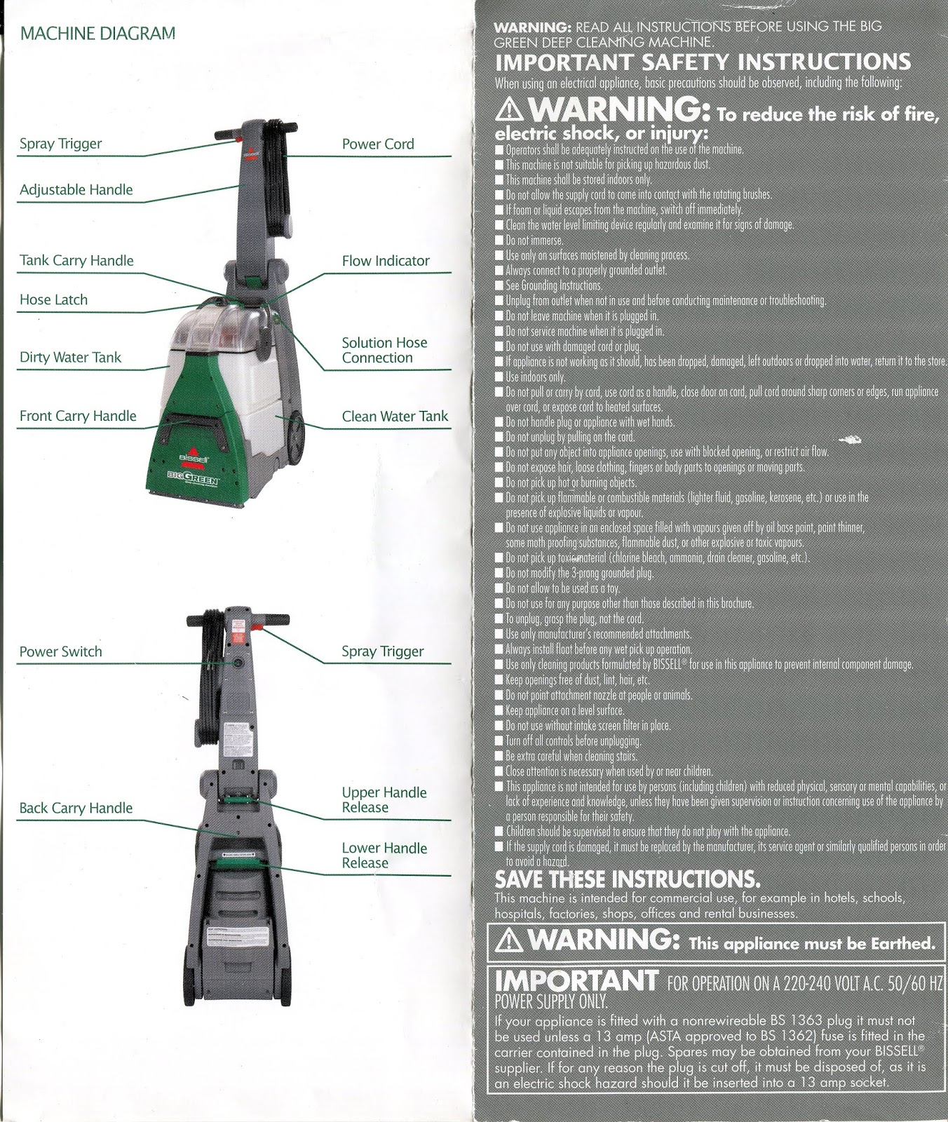Bissell Big Green Deep Cleaning Machine Brochure/Usage Instructions