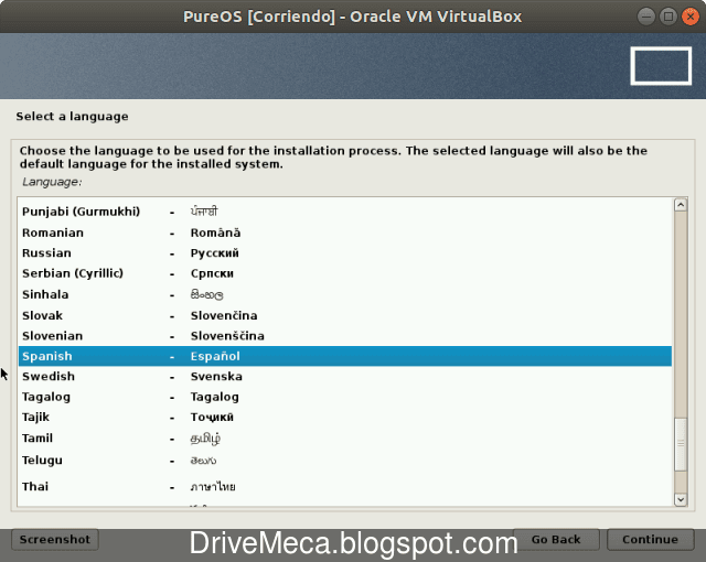 Seleccionamos el idioma de instalacion de PureOS