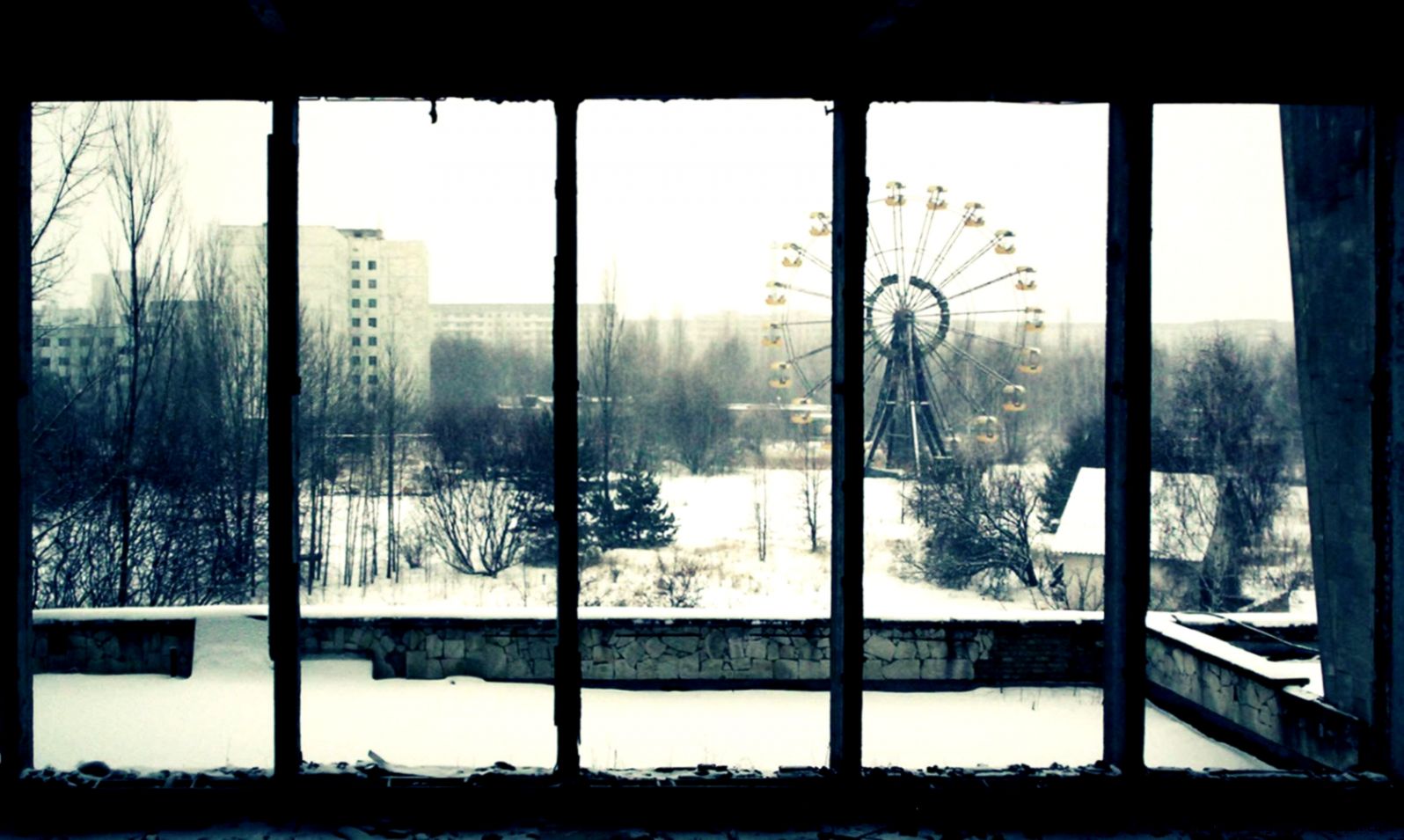 pripyat area window house roundabout tree snow HD wallpaper