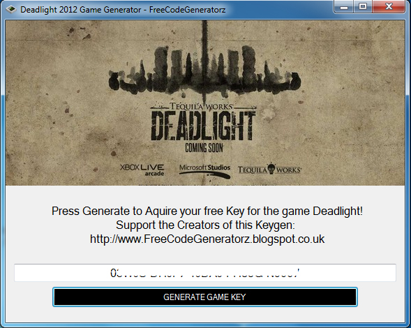 This Generator will generate a CD-key for the Game: Deadlight 2012, This is