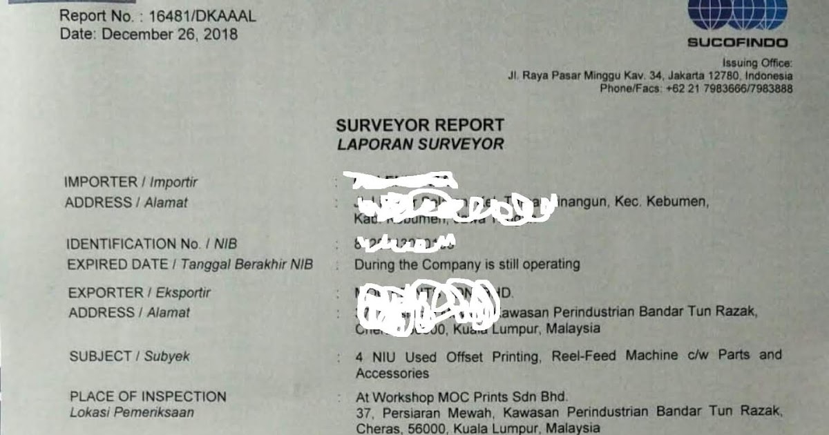 Certificate Of Inspection Laporan Surveyor Sucofindo Indonesia Serta Kso Sucofindo