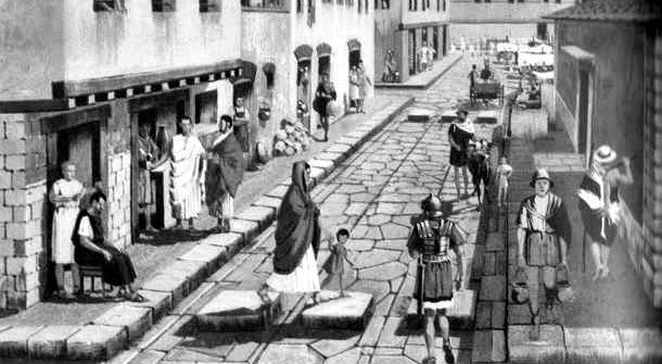 Calle con ciudadanos de la antigua Roma