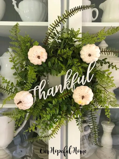 DIY fall fern wreath with white pumpkins and Thankful
