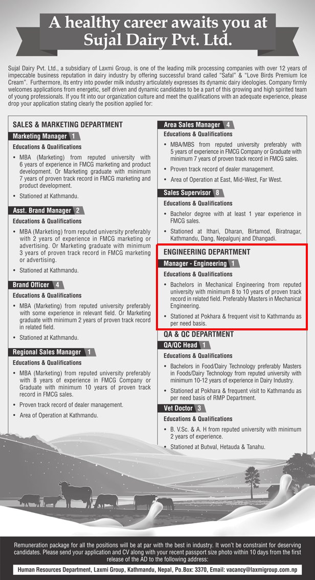Mechanical Engineer Job Vacancy Sujal Dairy Engineerको घर