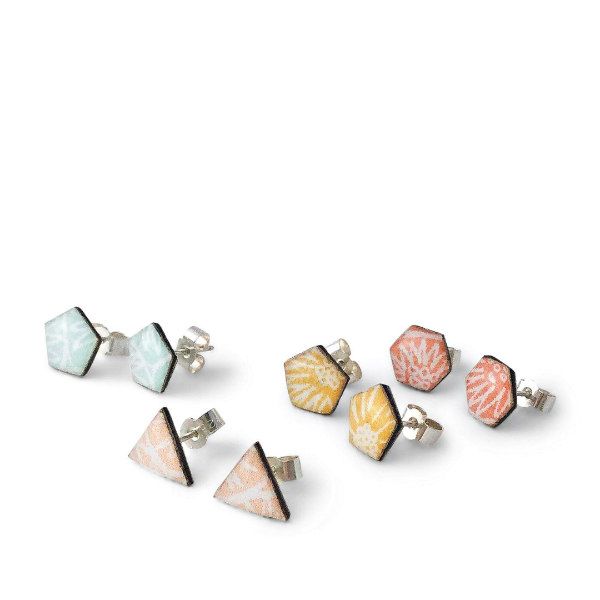Pastel color printed card, resin, and silver earrings in geo shapes