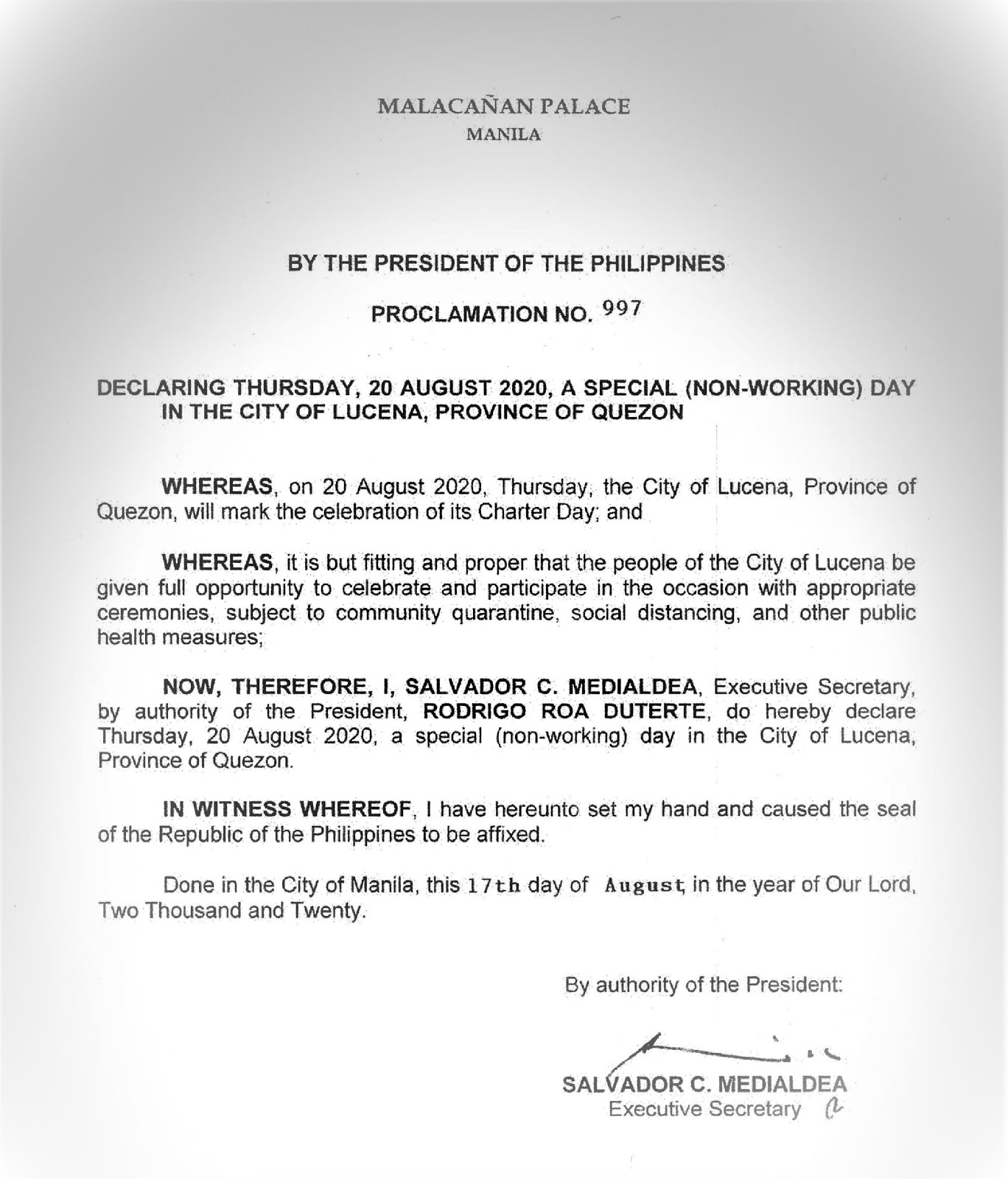 Philippine Holidays Special (NonWorking) Day in Lucena City on August