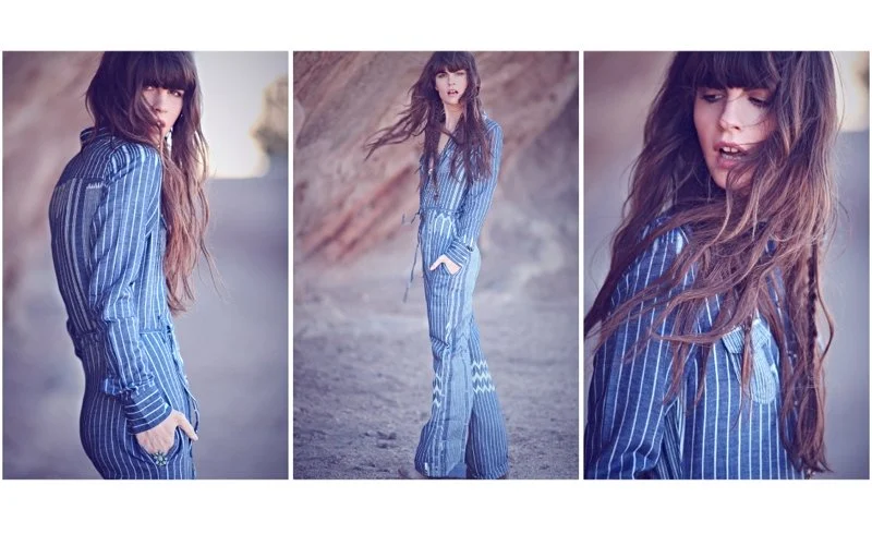 Kelley Ash poses for Free People's 'Blues Traveler' editorial in laid back denim designs
