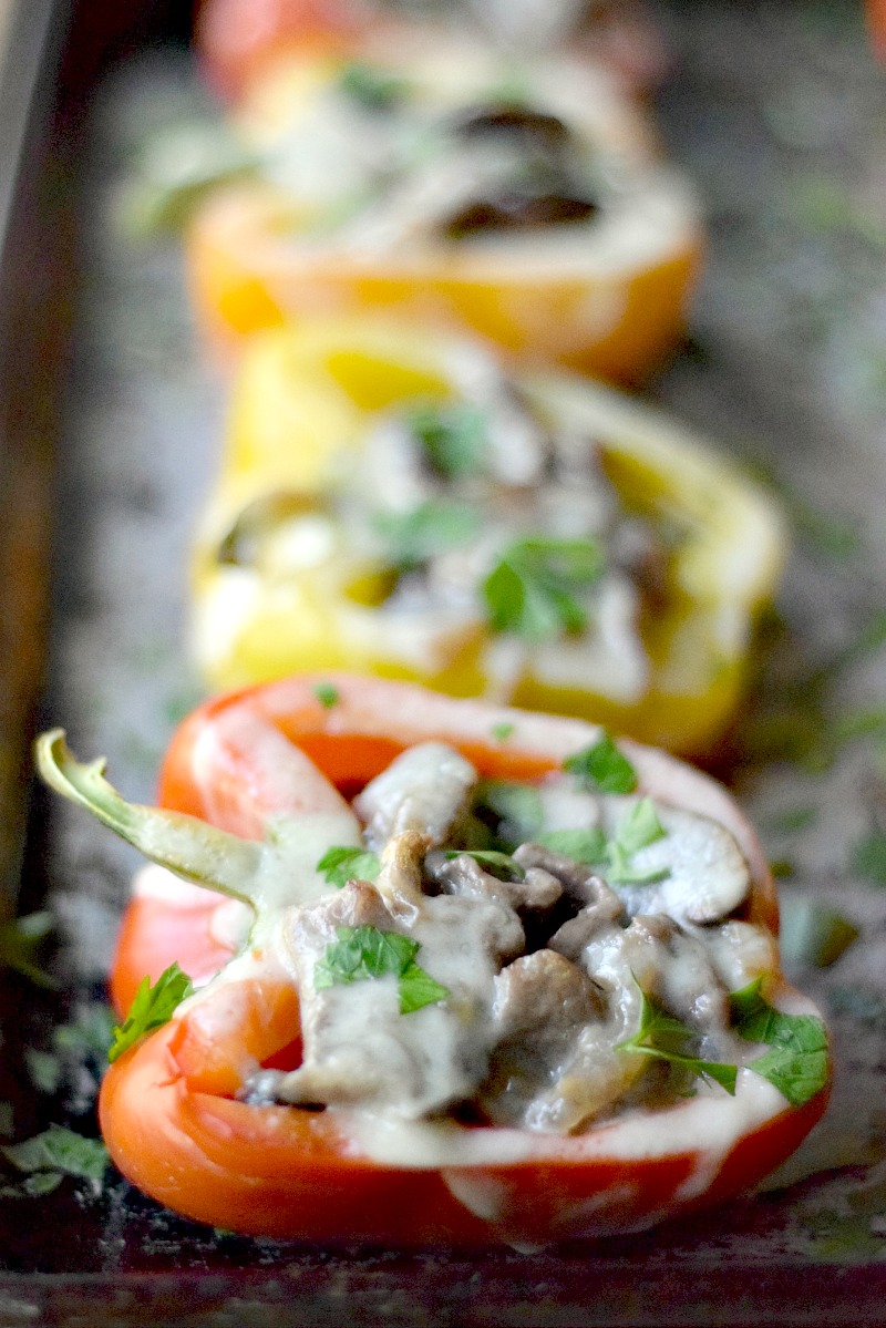 Philly Cheesesteak Stuffed Peppers on a metal baking sheet.