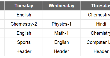 Create a weekly timetable using CSS and HTML ~ Lovely Codes