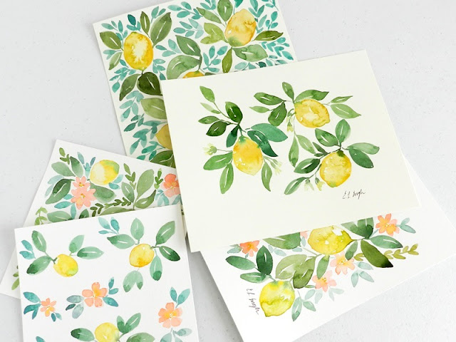 Original Watercolor Lemons, Leaves, and Blossoms paintings by Elise Engh