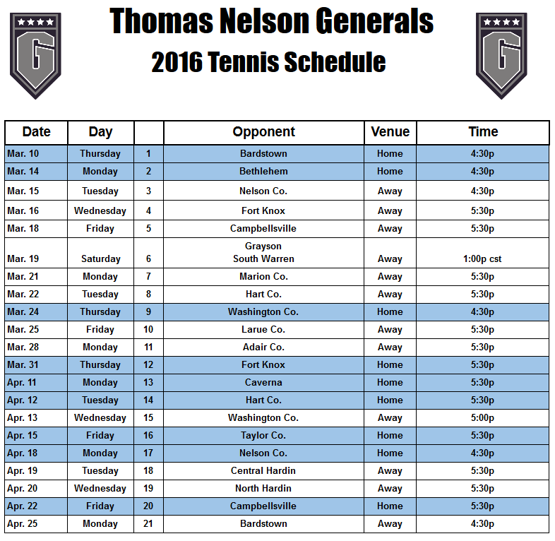 Thomas Nelson Tennis: 2016 Schedule