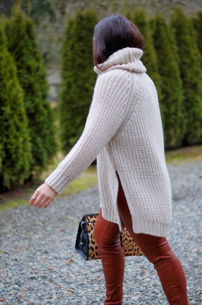 Keeping cozy: H&M chunky turtleneck sweater and J Brand leather pants ...