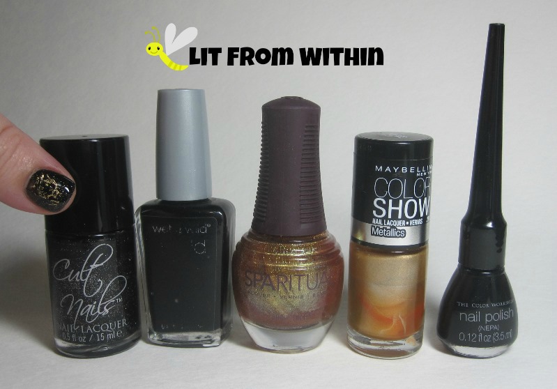 Bottle shot:  Cult Nails Ignite, Wet 'n Wild Black, SpaRitual Invention, Maybelline Bold Gold, and a black nail art striper.