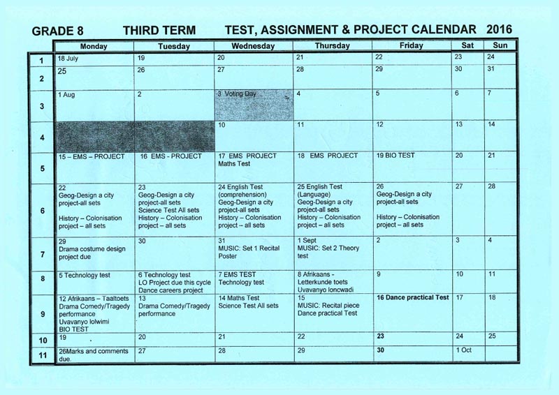 school assignments calendar