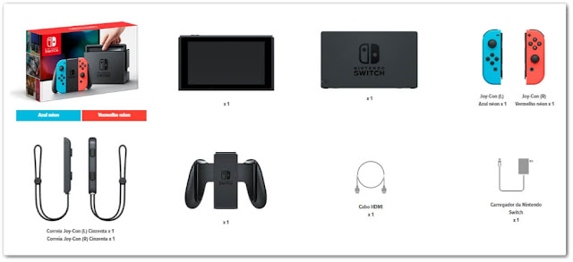 O que vem na caixa do Nintendo Switch: Tablet, Dock, Joy-cons, Straps, Suporte para Joy-con e cabos