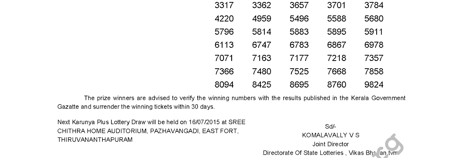 Karunya Plus Lottery KN 65 Result 9-7-2015