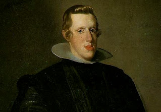 Vista parcial de retrato de cuerpo entero de un joven Felipe IV, con unos 20 años, cabello rubio, nariz prominente, vestido de negro y con cuello ancho.