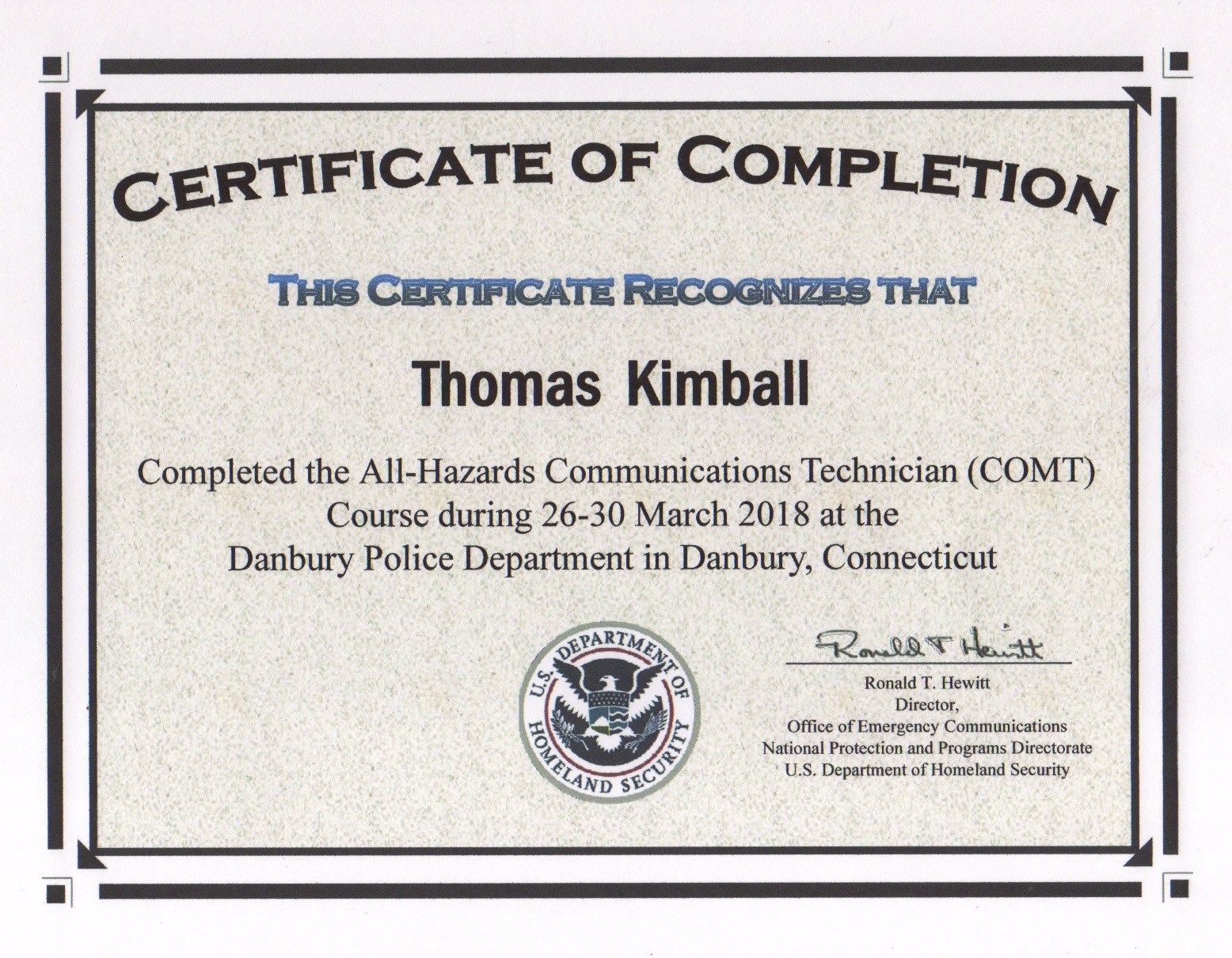 All-Hazards Communications Technician (COMT) Course Certificate