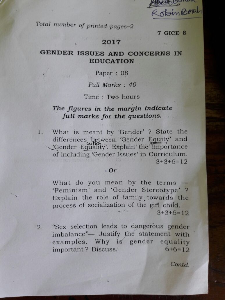 Question papers of B.Ed 2nd Year 2017, Gauhati university