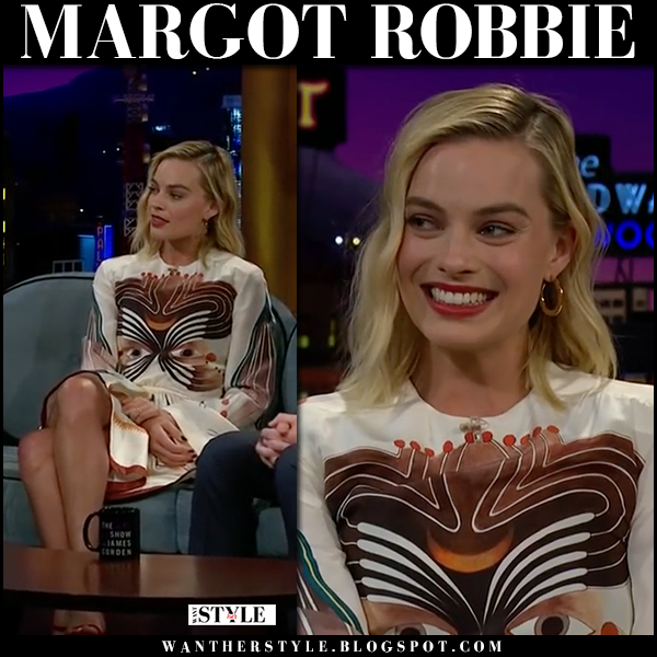 Margot Robbie in cream abstract print mini dress on The Late Late Show