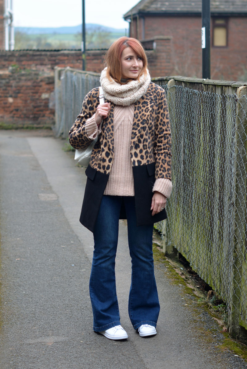 Winter style: Two tone leopard/black coat, flared jeans, white Adidas Stan Smiths | Not Dressed As Lamb
