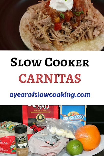 Shredded Pork, citrus, and lots of cumin make these delicious and easy crockpot slow cooker carnitas. Shred the meat and serve in corn tortillas or over rice -- superb and family friendly!
