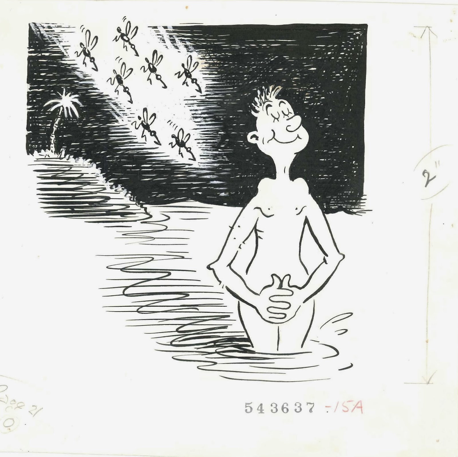 A Geisel illustration of a cloud of mosquitos diving towards a nude man standing obliviously in a lake.