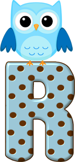 Abecedario Celeste con Lunares Marrón y Búhos Celestes. Ligth Blue Alphabet with Brown Spots and Owls. 