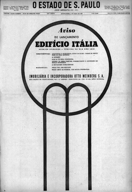 Propaganda de lançamento do Edifício Itália na cidade de São Paulo no ano de 1956.
