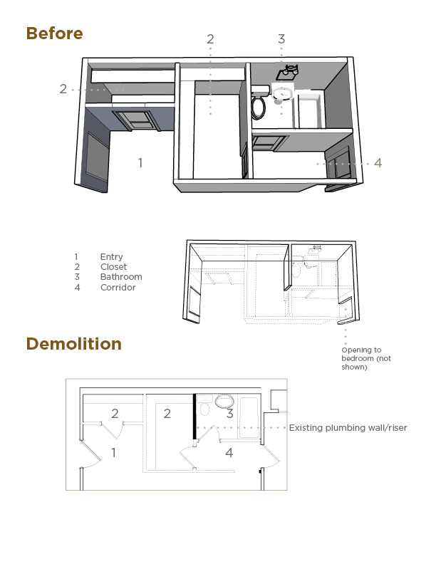 Diagram describing the before view and subsequent demolition of the bathroom area.