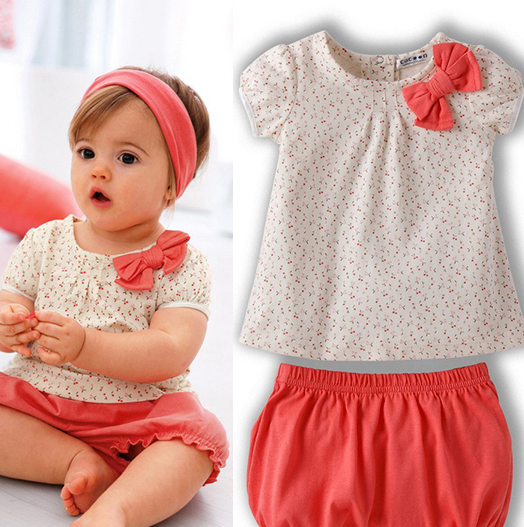 Kids Baby Girls Cherry Clothes Set Dots T-shirt Tops+Pants 2Pcs Outfits Bow Cotton Clothes Set