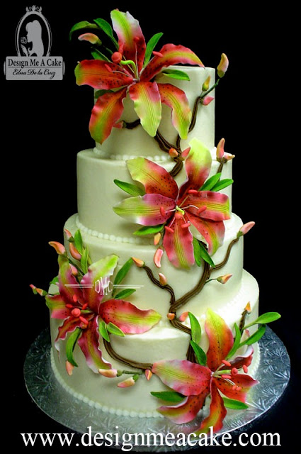 Wedding Cake finished with airbrushed Stargazer lilies.