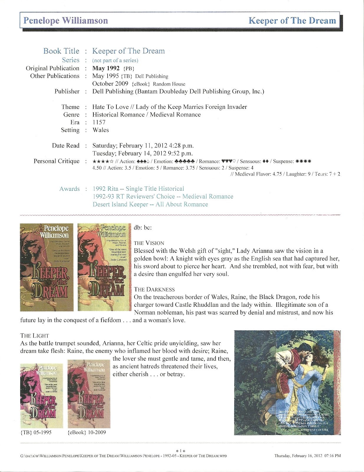 Wolf Bear Does Books Penelope Williamson Keeper of the Dream