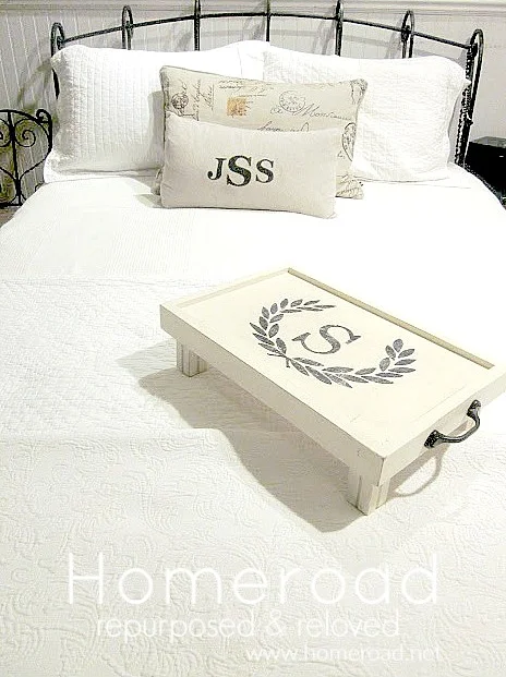 White distressed diy bed tray on the bed