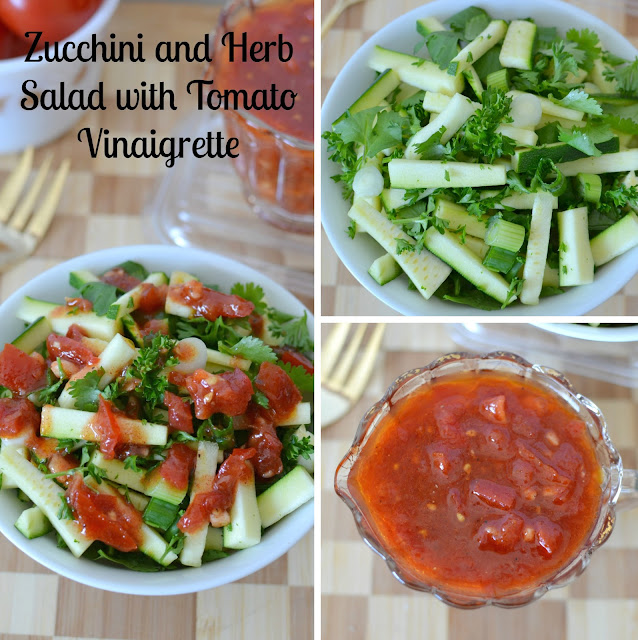 Zucchini and Herb Salad with Tomato Garlic Vinaigrette Recipe from Hot Eats and Cool Reads! A fresh, delicious and healthy salad with parsley, cilantro and green onions that's great as a side, or a meatless main dish. Perfect for spring or summer picnics and barbecues!