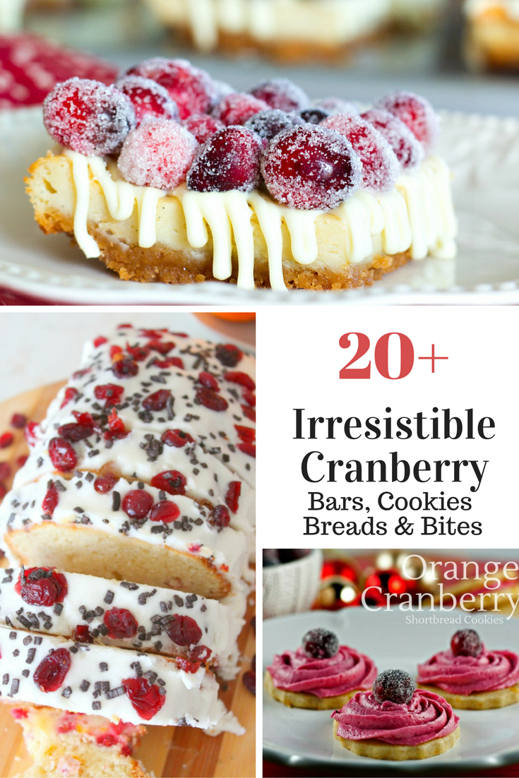 20 Plus recipes for your favorite cranberry cookies, cranberry bars, cranberry breads, bites muffins and more! Get all your holiday cranberry recipes right here!