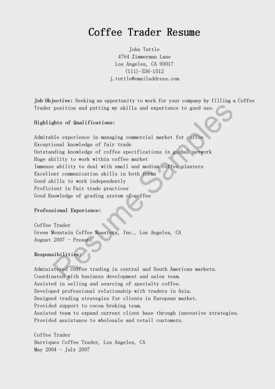 Resume Samples Coffee Trader Resume Sample