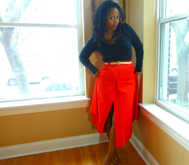 red 80s maxi skirt with black tee