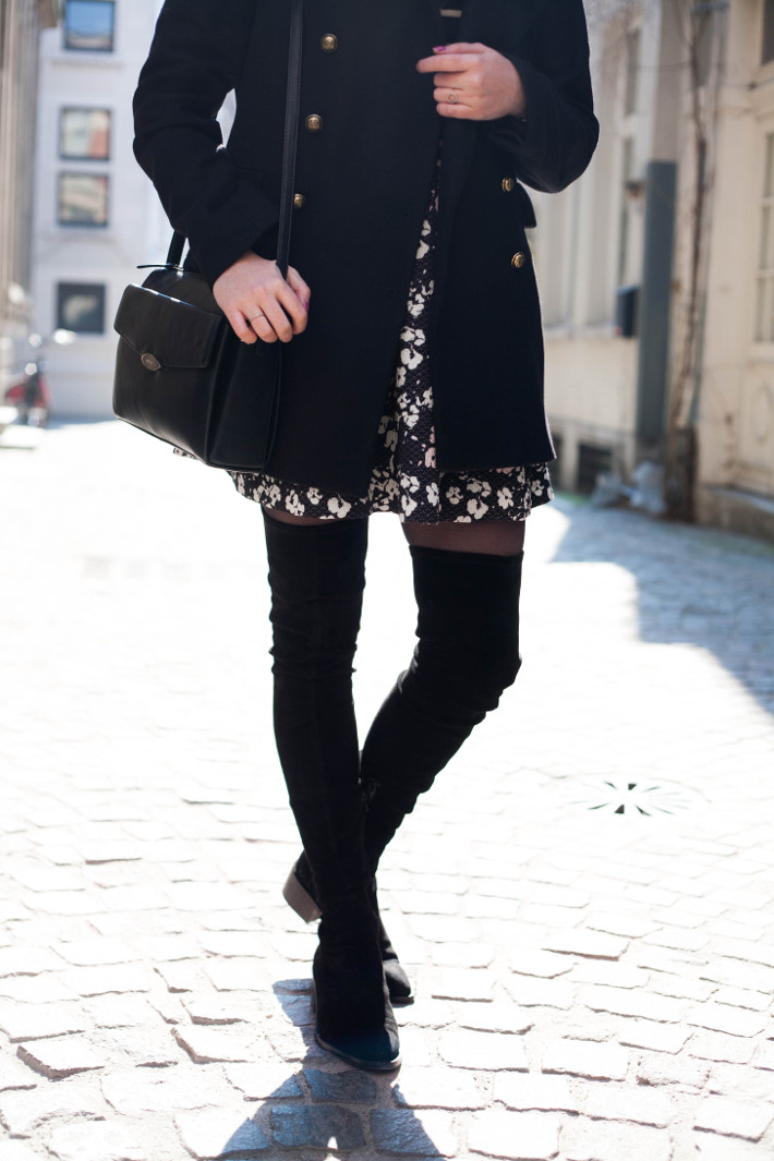 Outfit: low heeled thigh high boots