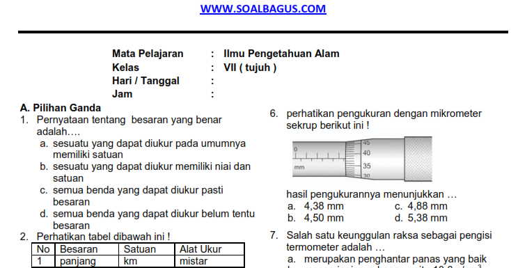 Soal UAS IPA SMP Kelas 7 Semester 1/ Ganjil Buka Buku Paket