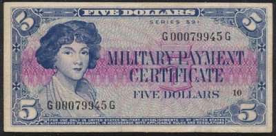 Military Payment Certificate 5 Dollars MPC Series 591 Miss Ann Izzard