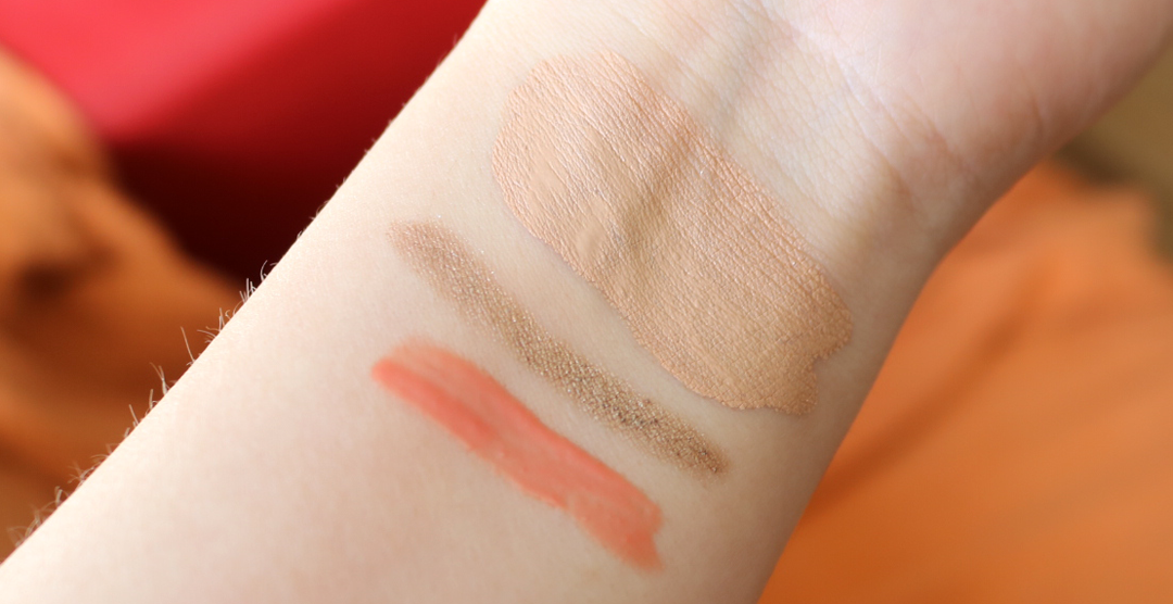 Swatches! From top to bottom: ILIA Vivid Foundation in F3 Santorini, Silken Shadow Stick in In Between Days & Lip Gloss in The Butterfly And I.