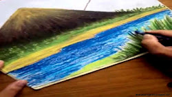 river pastel oil mountain drawing landscape draw mountains