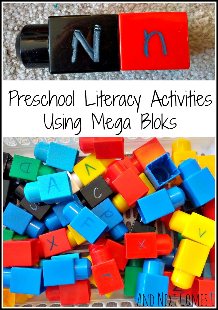 5 literacy activities for toddlers & preschoolers using Mega Bloks from And Next Comes L