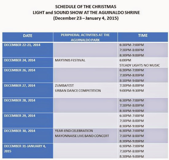 Schedule of 2014 Christmas Light and Sound Show at Aguinaldo Shrine