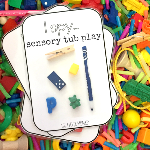 I Spy Sensory Tub Play - how to make your own I Spy Sensory tub for play. Use our FREE I Spy cards to help build maths rich vocabulary during play | you clever monkey